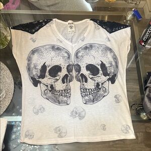 White Skull Graphic T-Shirt with Black Lace Accents